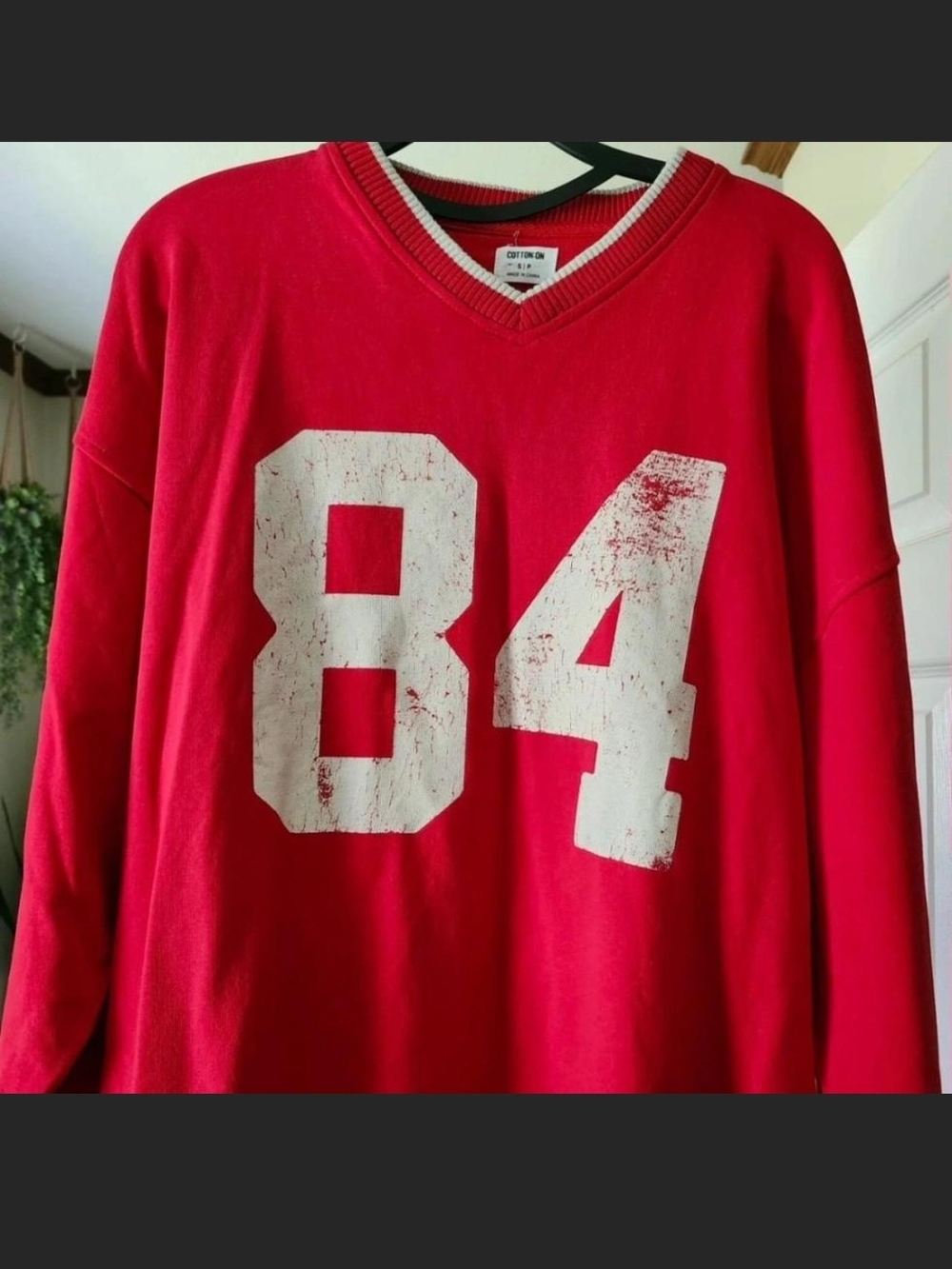 Cotton On Red V-Neck Sweater with Distressed White 84 Graphic